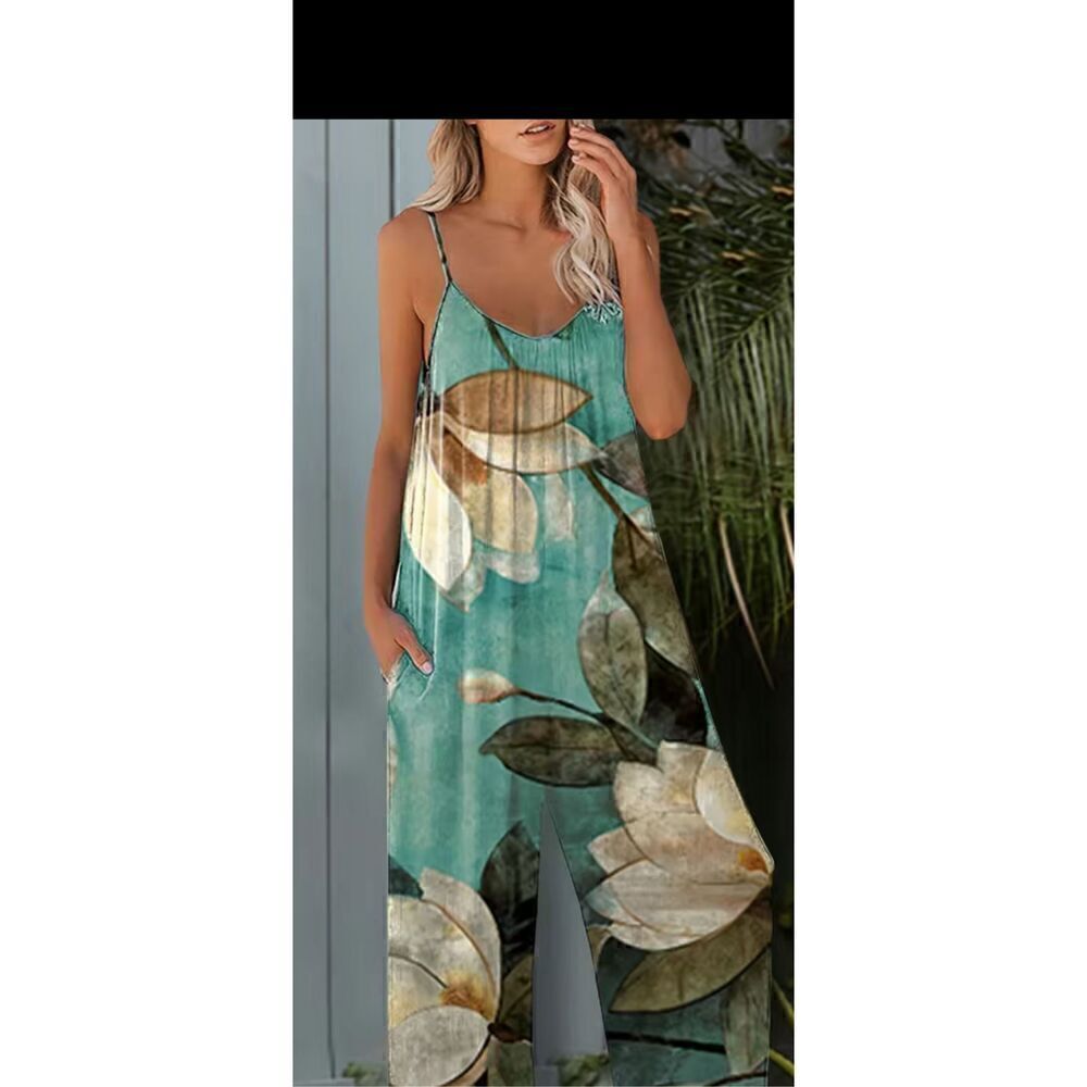 Beautiful lotus print spaghetti strap, romper/overalls with pocket